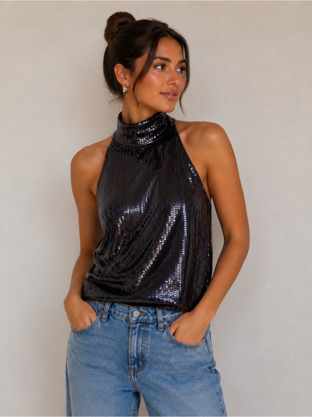 Joie Sequin Halter Top – Black, Size XS